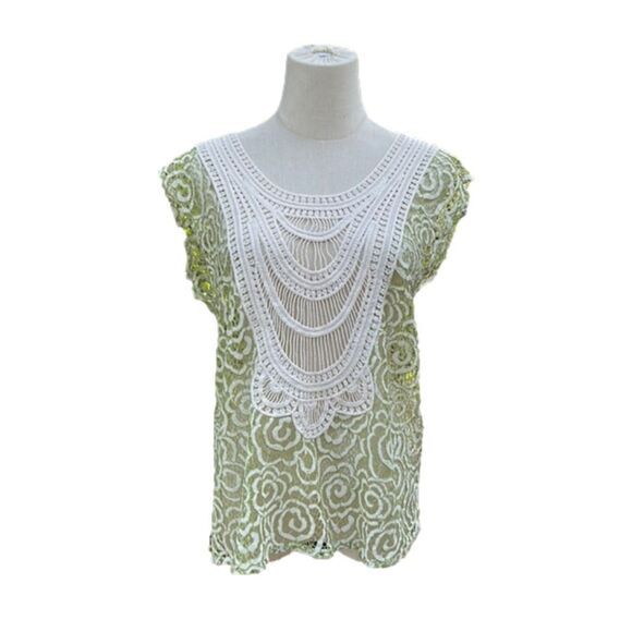 MYSTREE Mint Green Ivory Lace Crochet Cap Sleeve Top S/M - Picture 1 of 9